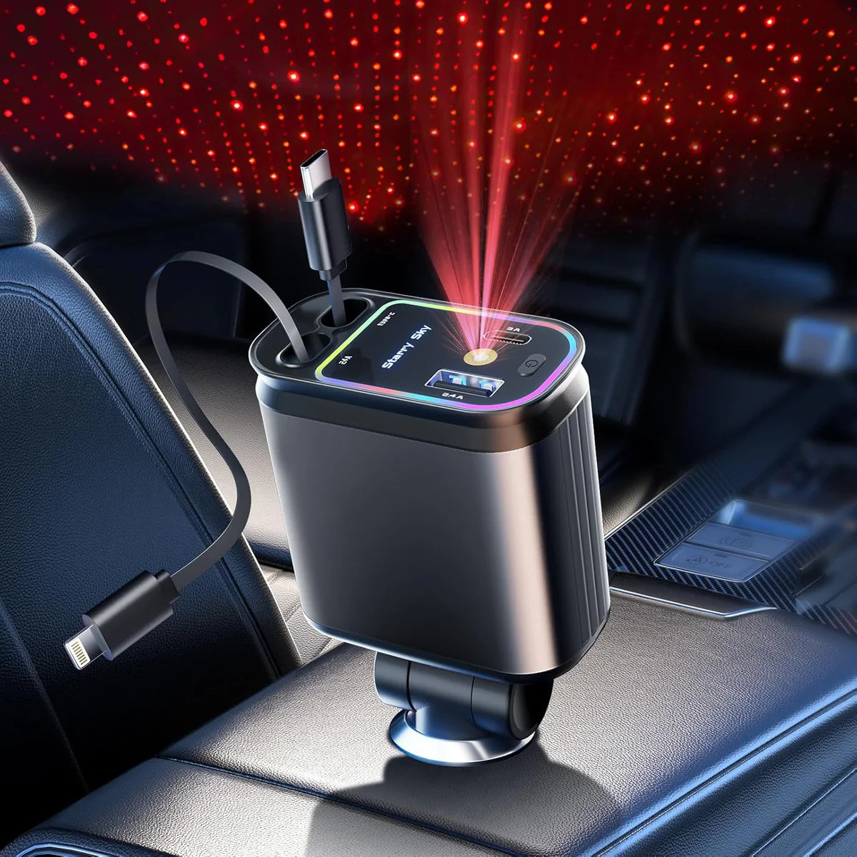 Compro™ 4-In-1 Retractable Car Charger with Star Projection Night Light