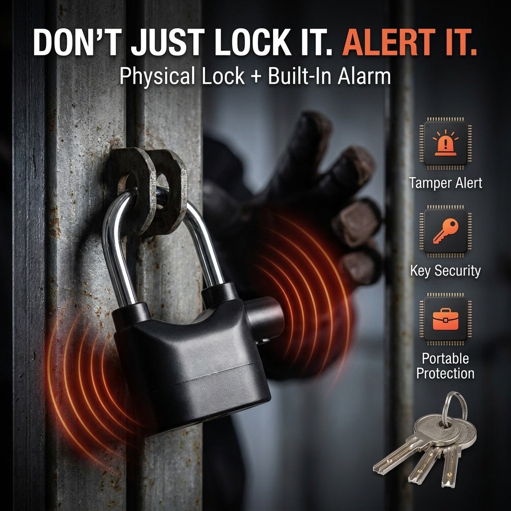 Anti-theft alarm padlock locking a gate – CartyBuk