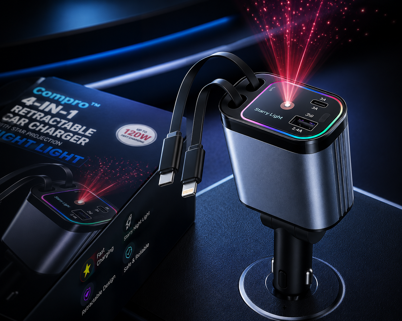 Compro™ 4-In-1 Retractable Car Charger with Star Projection Night Light